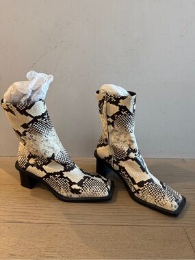 Zara White and Black Python-Print Square-Toe Ankle Boots
